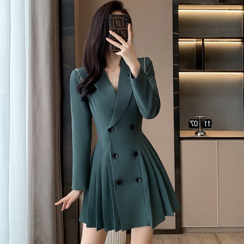 فستان بدلة نسائي احترافي عالي الجودة بأكمام طويلة، أنيق، صغير، عمل غير رسمي، تنورة مطوية - Image 5