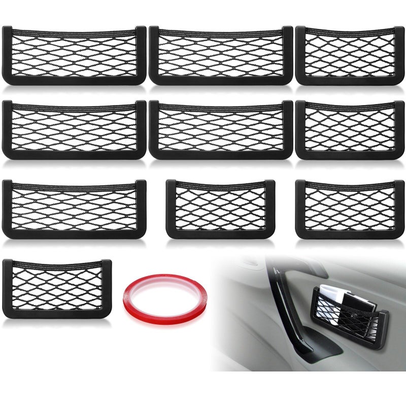 10 Pcs 2 Sizes Car Pocket Phone Nets Universal Seat Side Back Car Storage Net Bag with Double Sided Tape Mesh Phone Holder Organizer Automotive Net Interior Accessories Stick on for Purse Phone Bag
