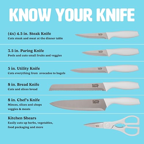 Tasty Kitchen Knife Set with Block, Cutlery Set includes Chef, Bread, Utility, Paring, Steak Knives & Shears, 10-Piece, White - Image 3