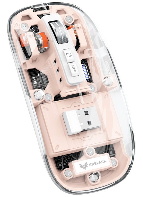 UNBLACK Wireless Mouse Crystal Transparent, Gaming Adjustable DPI, Triple 2.4G Mode Switching Bluetooth 2, Rechargeable digital display Silent Mouse for PC Laptops Mac iPhone Android - Pink