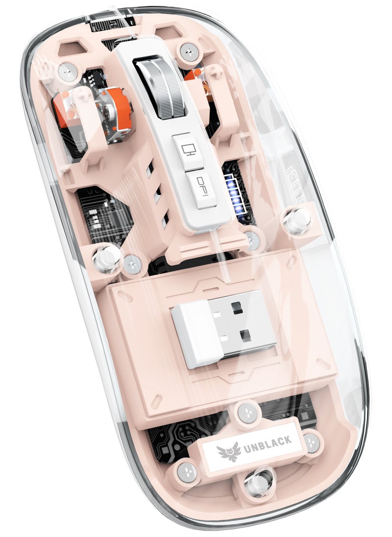UNBLACK - UNBLACK Wireless Mouse Crystal Transparent, Gaming Adjustable DPI, Triple 2.4G Mode Switching Bluetooth 2, Rechargeable digital display Silent Mouse for PC Laptops Mac iPhone Android - Pink - Image 1