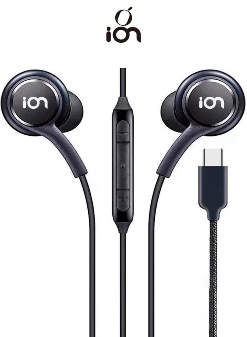 أيون سماعات سلك تايب سي باللون الاسود. سماعات تايب سي بصوت واضح وعالي. سماعة سلكية بميكرفون عالي الوضوح. سماعة سلك تايب سي بطول 1 متر. سماعه تايب سي بتصميم مريح. سماعات ايفون، سامسونج، هواوي، شومي، وغيرها العديد من الاجهزة المتوافقة. - Image 1