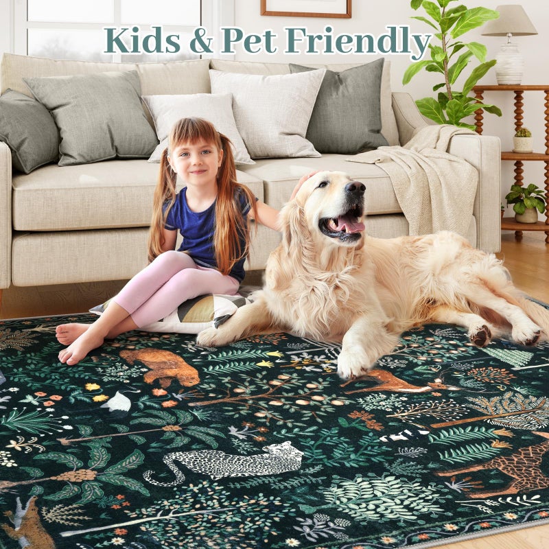 OJIA Jungle Print 5x7 Area Rugs for Living Room, Green Soft Washable Rugs for Bedroom Ultra-Thin Non-Slip Modern Rug, Stain Resistant Nursery Rug Carpet for Kids Playroom Nursery Dining Room - Image 3