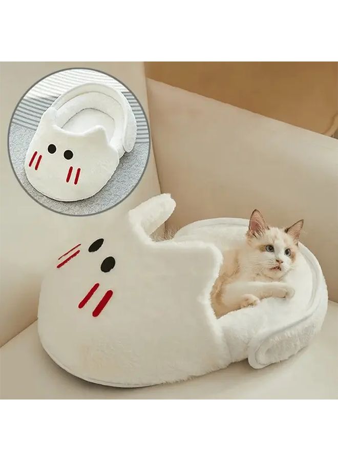 White Large Washable Plush Cat Sofa Bed With Cute Face Pattern And Non Slip Base - Image 3