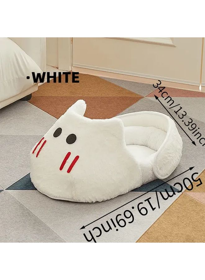 White Large Washable Plush Cat Sofa Bed With Cute Face Pattern And Non Slip Base - Image 4