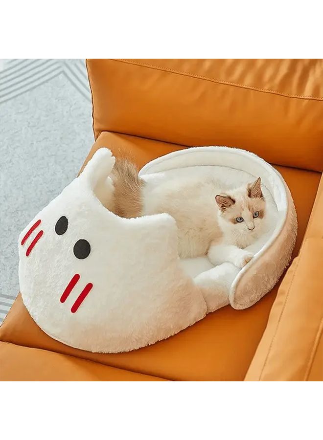 White Large Washable Plush Cat Sofa Bed With Cute Face Pattern And Non Slip Base - Image 1