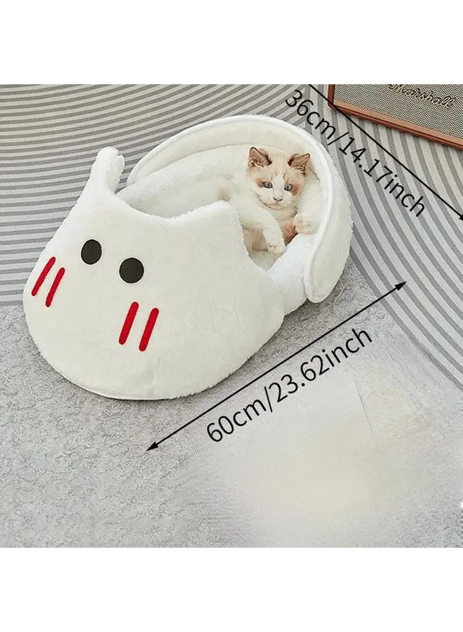 White Large Washable Plush Cat Sofa Bed With Cute Face Pattern And Non Slip Base - Image 2