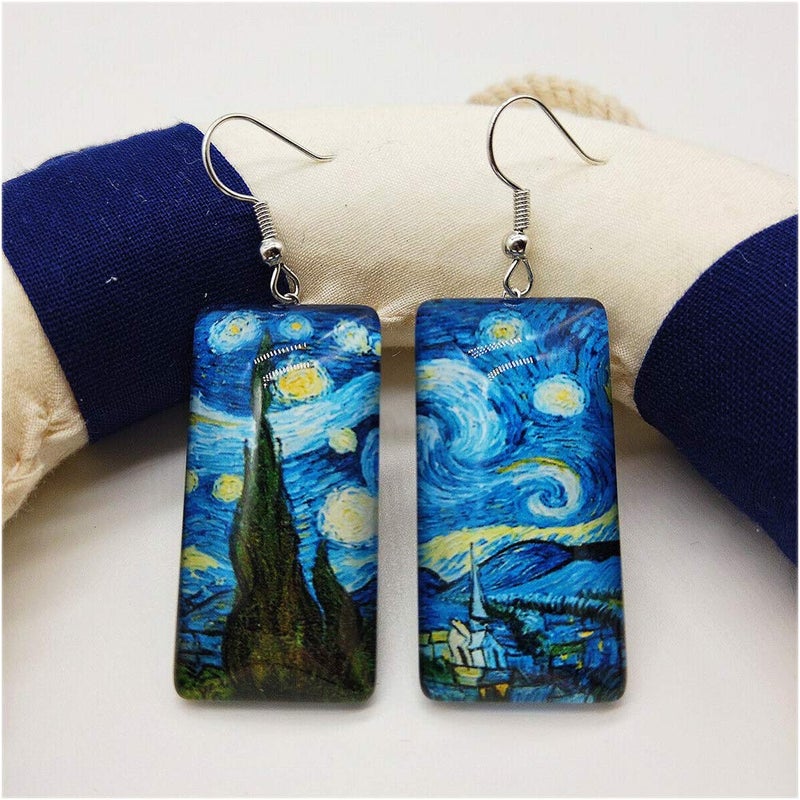 Wixine 2Pair Rectangle Van Gogh Starry Night Landscape Square Circle Van Gogh Starry Night Silver Trendy Glass Earrings - Image 2