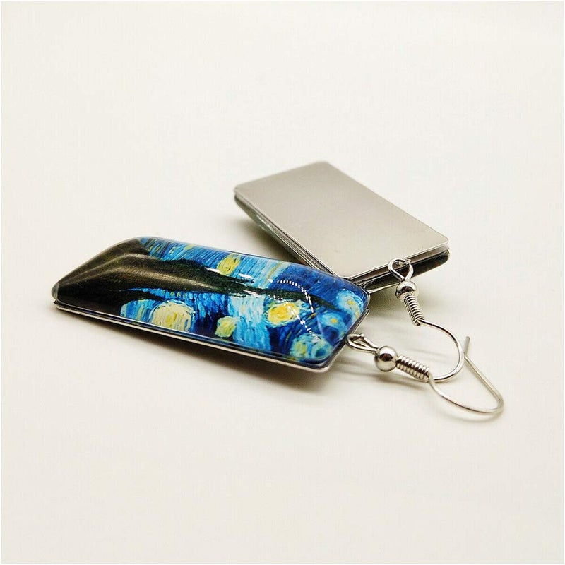Wixine 2Pair Rectangle Van Gogh Starry Night Landscape Square Circle Van Gogh Starry Night Silver Trendy Glass Earrings - Image 3