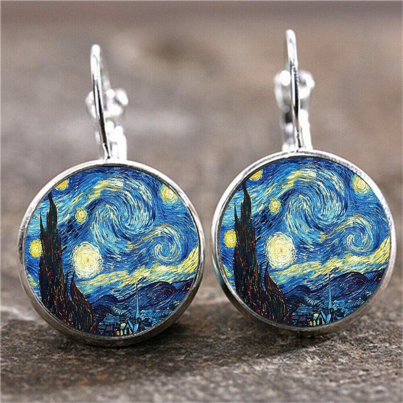 Wixine 2Pair Rectangle Van Gogh Starry Night Landscape Square Circle Van Gogh Starry Night Silver Trendy Glass Earrings - Image 5