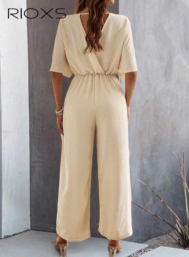 RIOXS Women's One Piece Jumpsuits, Dressy V-Neck Batwing Short Sleeve Wide Leg  Pants Romper for Ladies, Casual  Summer Ladies Jumpsuit Rompers with Pockets for Vacation Office Commuting - Image 3