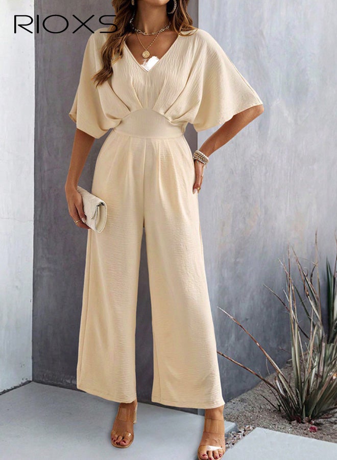RIOXS Women's One Piece Jumpsuits, Dressy V-Neck Batwing Short Sleeve Wide Leg  Pants Romper for Ladies, Casual  Summer Ladies Jumpsuit Rompers with Pockets for Vacation Office Commuting - Image 1