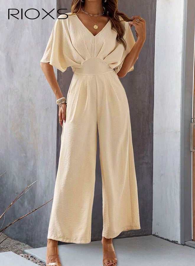 RIOXS Women's One Piece Jumpsuits, Dressy V-Neck Batwing Short Sleeve Wide Leg  Pants Romper for Ladies, Casual  Summer Ladies Jumpsuit Rompers with Pockets for Vacation Office Commuting - Image 4