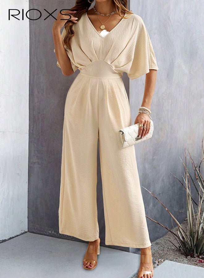 RIOXS Women's One Piece Jumpsuits, Dressy V-Neck Batwing Short Sleeve Wide Leg  Pants Romper for Ladies, Casual  Summer Ladies Jumpsuit Rompers with Pockets for Vacation Office Commuting - Image 5
