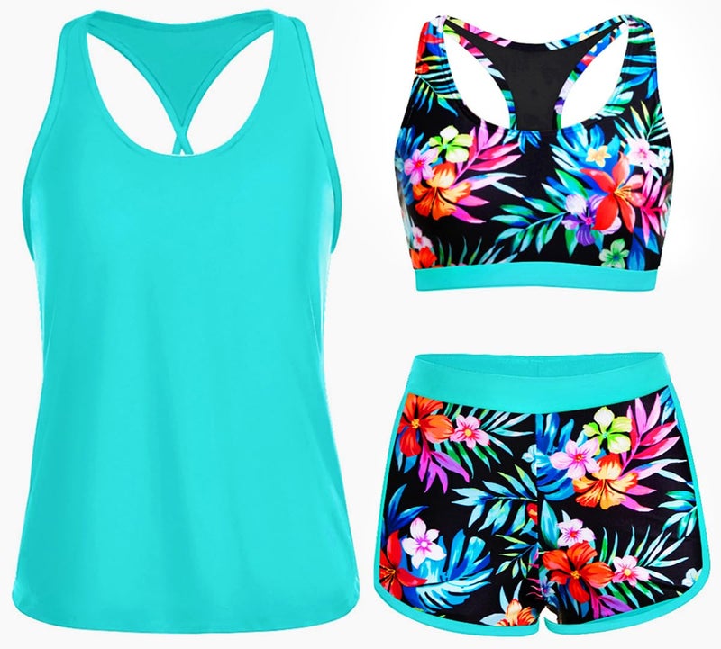 Yonique 3 Piece Athletic Tankini Swimsuits for Women with Shorts Swim Tank Tops with Sports Bra and Boyshorts Bathing Suits Aqua Colorful Floral M - Image 1