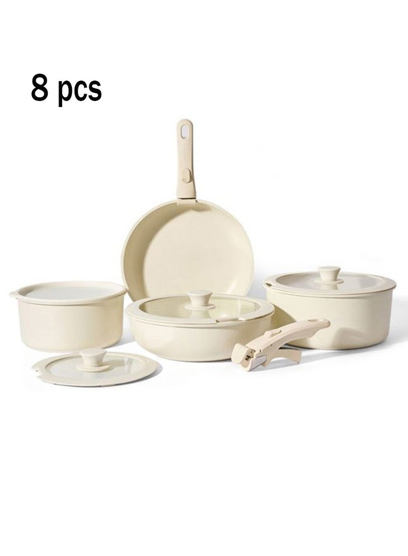 Arabest طقم أواني طهي قابل للفصل مكون من 8 قطع، غير لاصق، 1x18 سم قدر مع غطاء سيليكون، 1x26 سم مقلاة مع غطاء سيليكون، 1x22 سم قدر مع غطاء سيليكون، 1x24 سم مقلاة عميقة، 1 مقبض، لون آيس كريم - Image 1