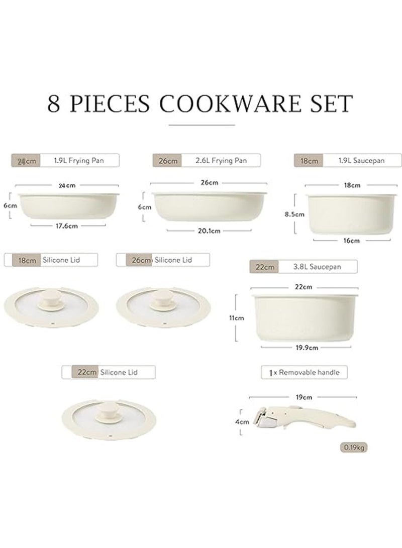 Arabest طقم أواني طهي قابل للفصل مكون من 8 قطع، غير لاصق، 1x18 سم قدر مع غطاء سيليكون، 1x26 سم مقلاة مع غطاء سيليكون، 1x22 سم قدر مع غطاء سيليكون، 1x24 سم مقلاة عميقة، 1 مقبض، لون آيس كريم - Image 5