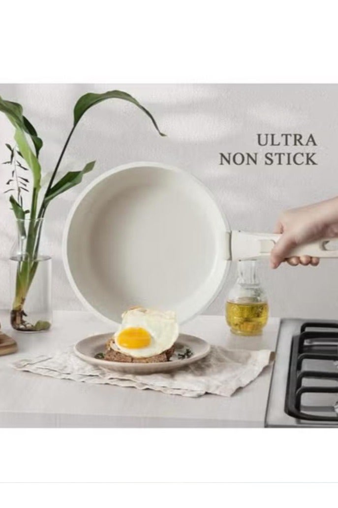 Arabest طقم أواني طهي قابل للفصل مكون من 8 قطع، غير لاصق، 1x18 سم قدر مع غطاء سيليكون، 1x26 سم مقلاة مع غطاء سيليكون، 1x22 سم قدر مع غطاء سيليكون، 1x24 سم مقلاة عميقة، 1 مقبض، لون آيس كريم - Image 4