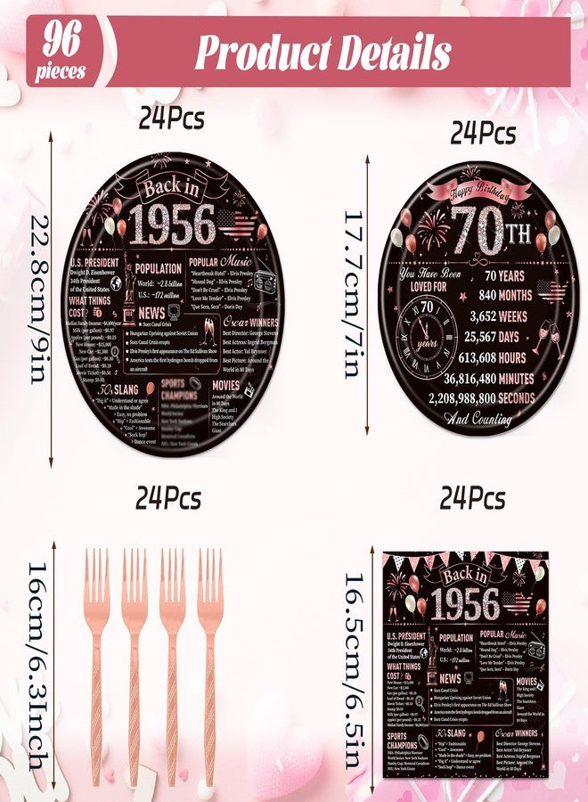 refavor 70th Birthday Decorations for Women Her, 96PCS Back in 1956 Birthday Party Plates and Napkins Forks Supplies, Rose and Gold Disposable Party Tableware Decor (24 Guests) - Image 2
