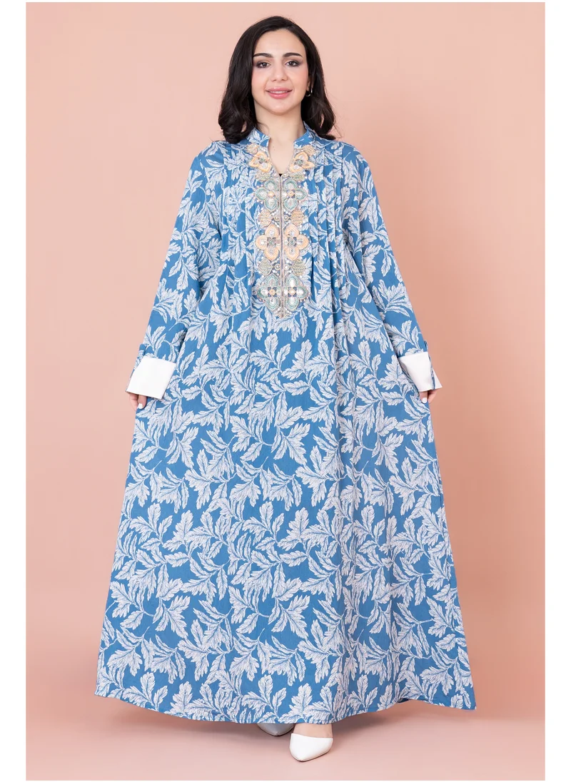 IKKXA Embroidered Leaf Print Jalabiya