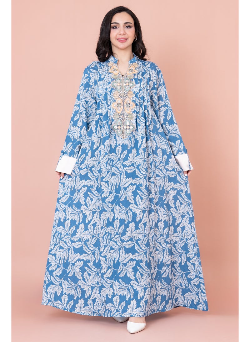 اكسا جلابية مطرزة نقوش ورق شجر