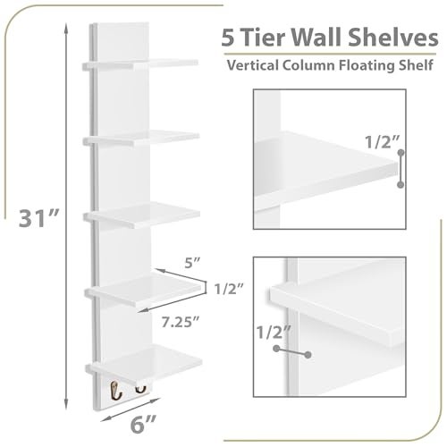 Sorbus 5 Tier Wall Shelf Unit with Hooks Vertical Column Utility Shelving for Home Decor and Storage Organizer WallMounted Floating Shelves for Bathroom Storage Bedroom 2 Pack - Image 3