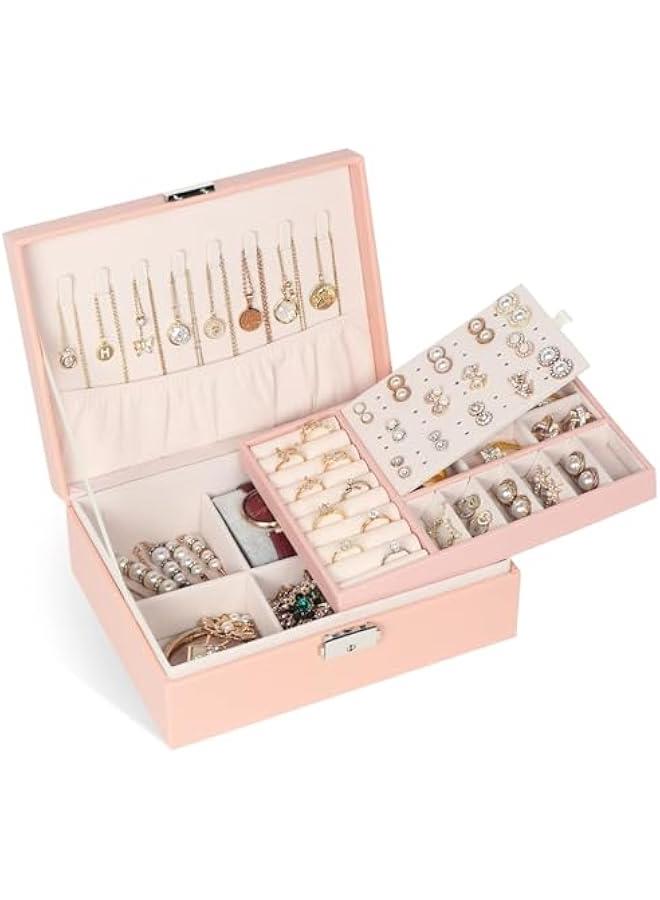 MIXDE Jewelry Box for Women Girls,2 Layers Jewelry Organizer Container with Lock,PU Leather Storage Case with Removable Tray,Jewlwey Display Holder for Necklaces Earrings Bracelets Rings (Pink) - Image 1