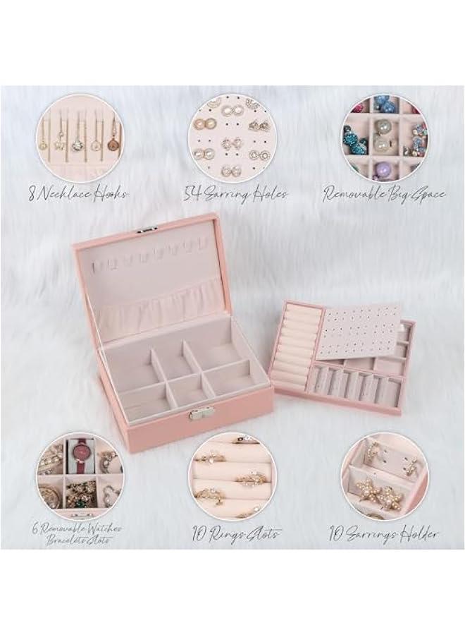 MIXDE Jewelry Box for Women Girls,2 Layers Jewelry Organizer Container with Lock,PU Leather Storage Case with Removable Tray,Jewlwey Display Holder for Necklaces Earrings Bracelets Rings (Pink) - Image 3