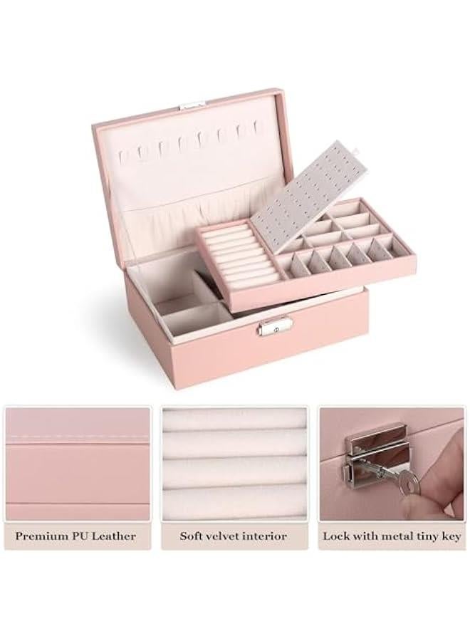 MIXDE Jewelry Box for Women Girls,2 Layers Jewelry Organizer Container with Lock,PU Leather Storage Case with Removable Tray,Jewlwey Display Holder for Necklaces Earrings Bracelets Rings (Pink) - Image 4
