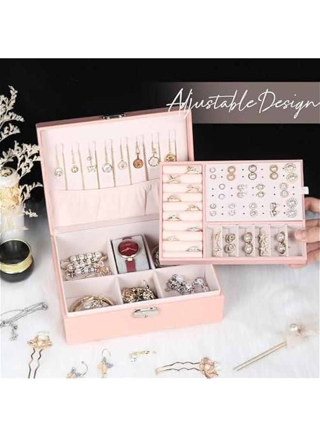 MIXDE Jewelry Box for Women Girls,2 Layers Jewelry Organizer Container with Lock,PU Leather Storage Case with Removable Tray,Jewlwey Display Holder for Necklaces Earrings Bracelets Rings (Pink) - Image 5