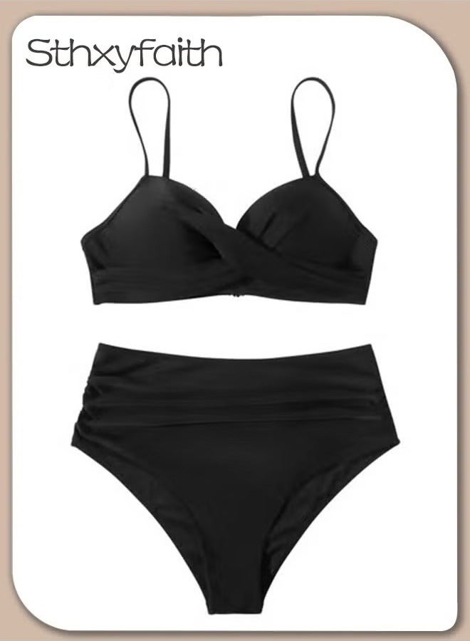 Sthxyfaith Women's Solid Color Bikini Sets Two Piece Bathing Suits V-Neck Slip Bikini Bra And Boxer Brief Bottom Swimwear Suits - Image 1