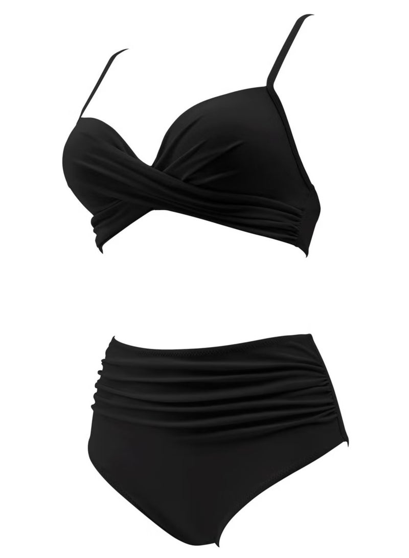 Sthxyfaith Women's Solid Color Bikini Sets Two Piece Bathing Suits V-Neck Slip Bikini Bra And Boxer Brief Bottom Swimwear Suits - Image 2