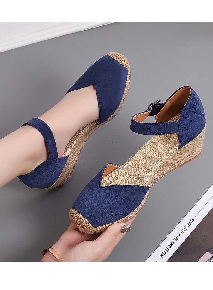 Loquat Women's Platform Espadrilles Wedge Sandals Ankle Strap Closed Round Toe Wedge Shoes Navy Blue  - Image 1