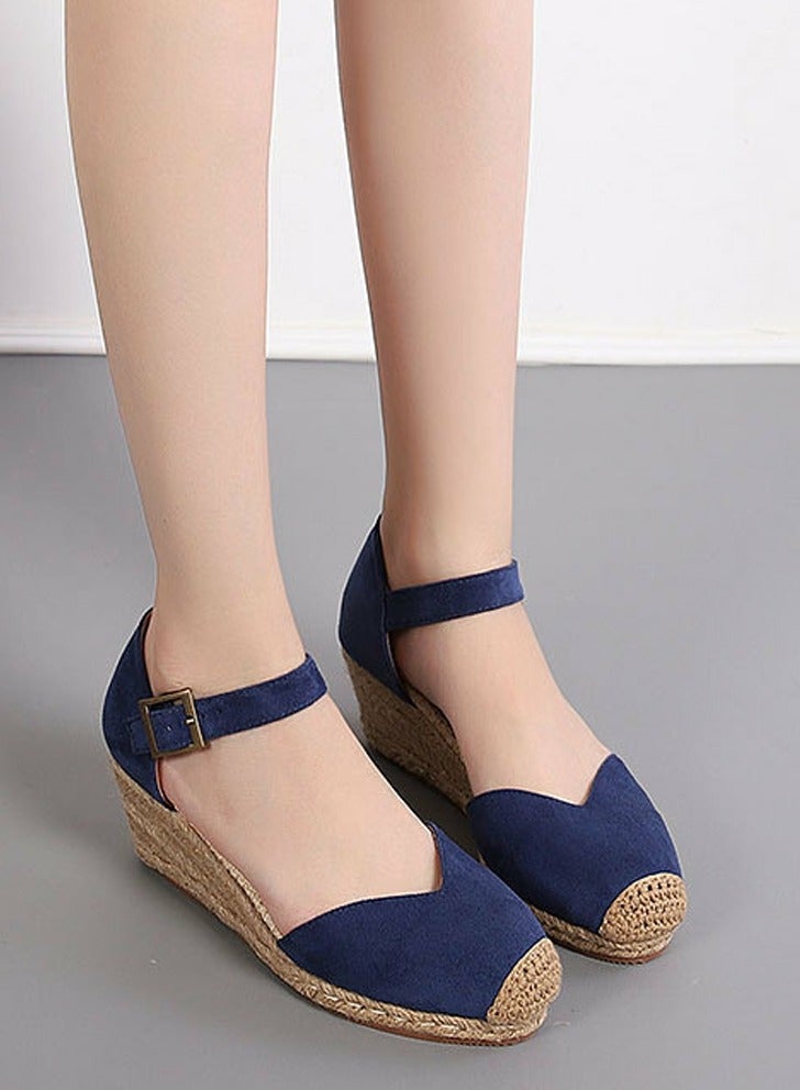 Loquat Women's Platform Espadrilles Wedge Sandals Ankle Strap Closed Round Toe Wedge Shoes Navy Blue  - Image 3