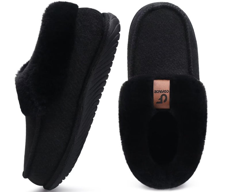 COFACE Women's Arch Support Memory Foam House Slippers Ladies Warm Fuzzy Faux Fur Collar Winter Moccasin Shoes Orthotic Plantar Fasciitis Indoor Outdoor Black Size 8 - Image 1