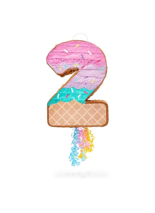 Pull String Number 2 Ice Cream Pinata For Two Sweet Birthday Decorations (16.5 X 11.5 In)