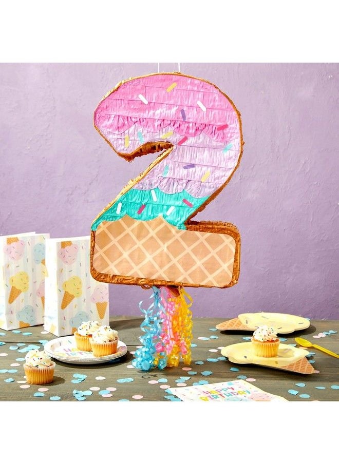 Pull String Number 2 Ice Cream Pinata For Two Sweet Birthday Decorations (16.5 X 11.5 In)
