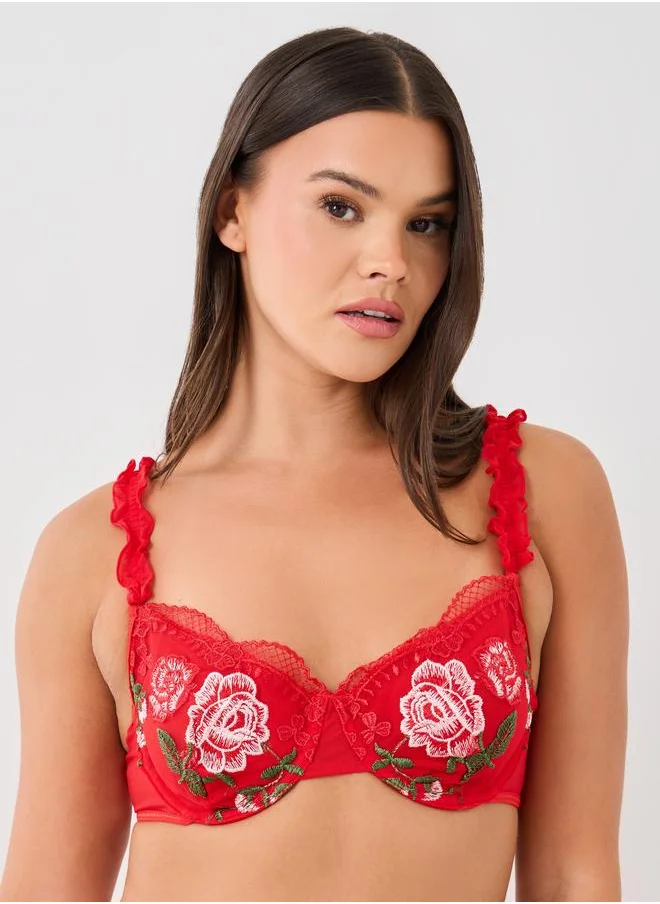 ستايلي Styli Embroidered Ruffle Detail Bra, Skirt and Briefs Set