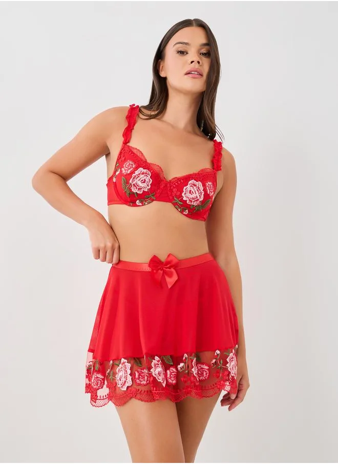 Styli Styli Embroidered Ruffle Detail Bra, Skirt and Briefs Set