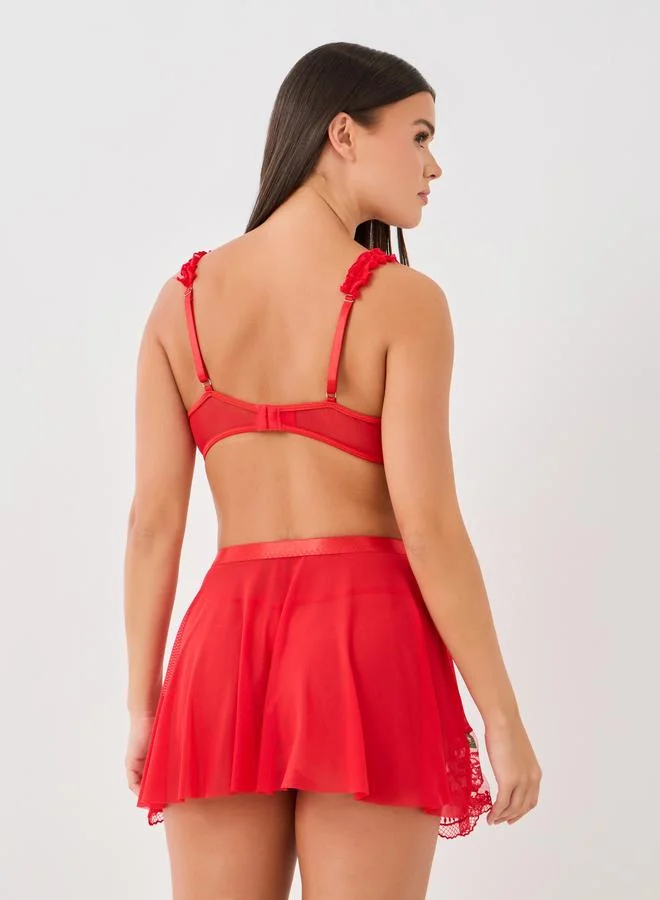 Styli Styli Embroidered Ruffle Detail Bra, Skirt and Briefs Set
