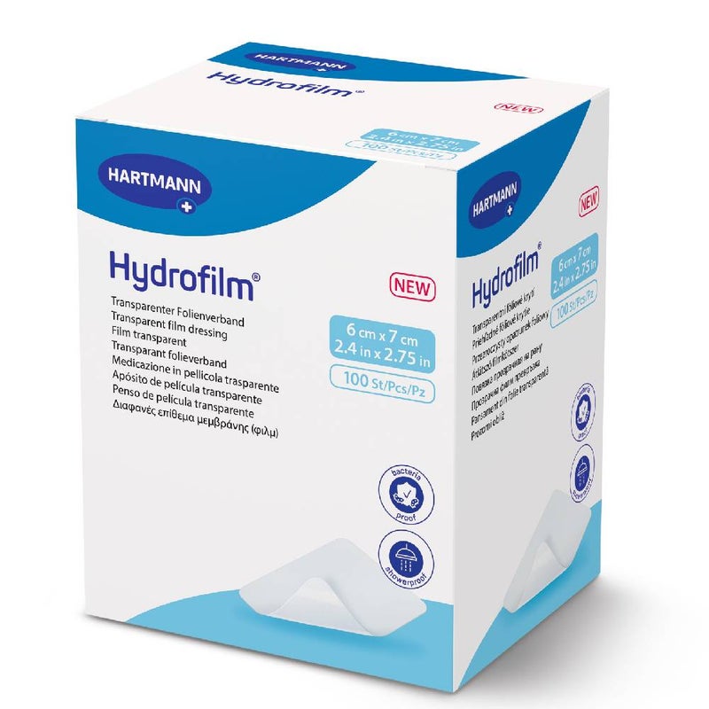 Hydrofilm Transparent Film Dressing, Bacteria Proof, Shower Proof, 6 cm x 7 cm, 100 Pieces