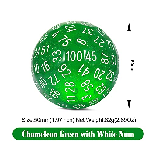 DNDND D100 Die Glitter Green 100 Sided Dice Set with Translucent Pouch for Dungeons and DragonsChameleon Green with White Number - Image 5