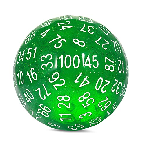 DNDND D100 Die Glitter Green 100 Sided Dice Set with Translucent Pouch for Dungeons and DragonsChameleon Green with White Number - Image 1