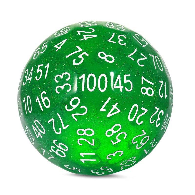 DNDND D100 Die Glitter Green 100 Sided Dice Set with Translucent Pouch for Dungeons and DragonsChameleon Green with White Number - Image 3