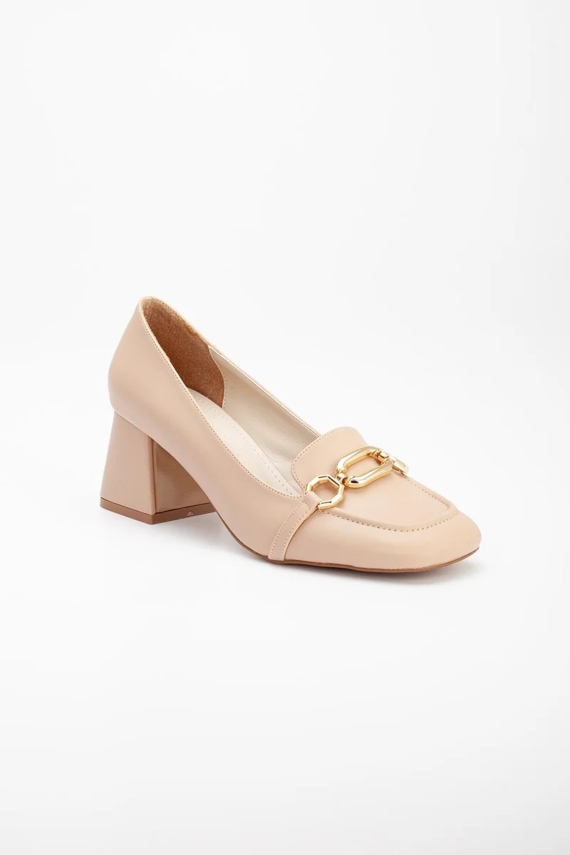 Dilimler Ayakkabı Slices Shoes Large Small Size Blunt Toe Buckle Skin Nude Women's Thick Heeled Shoes