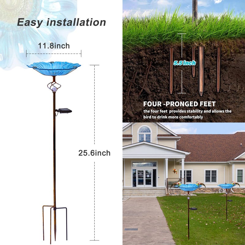 Homight حمام طيور زجاجي أزرق من هوميت، فن حديقة، حمام طيور خارجي مع دعامة معدنية مع ضوء LED أبيض، زينة حديقة هدايا - Image 2