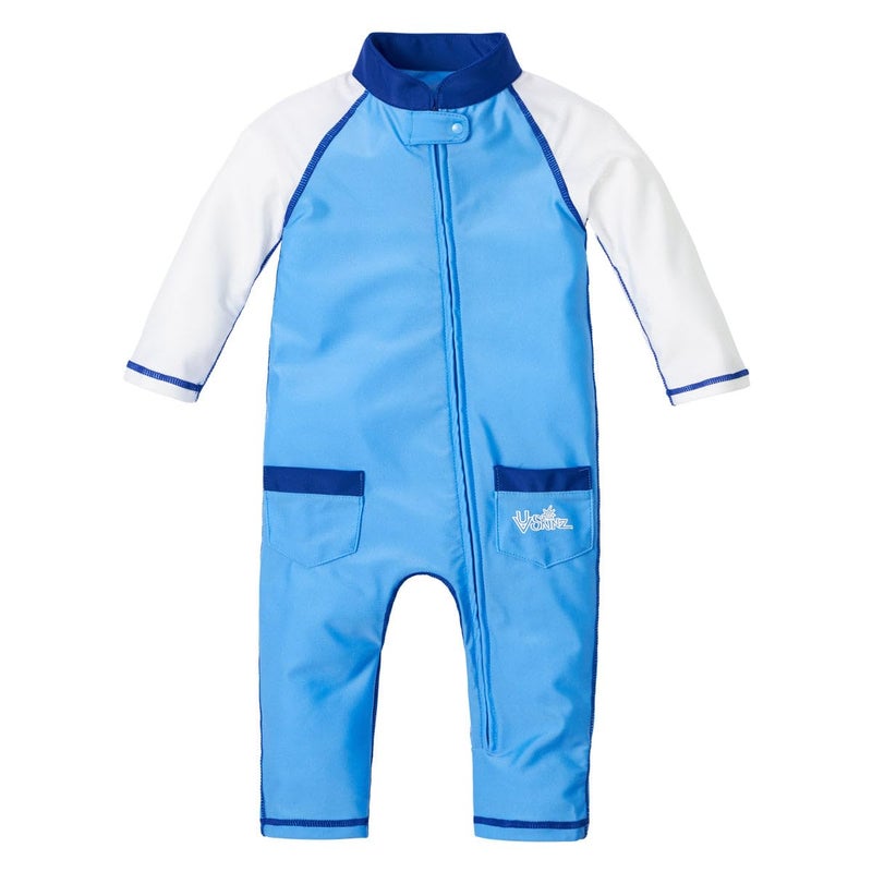 UV SKINZ Baby Boys’ Sun and Swimsuit with UPF 50+ Sun Protection – One-Piece Swimsuit, Baby and Toddler Full Coverage Swim - Ocean Blue/White - 3T