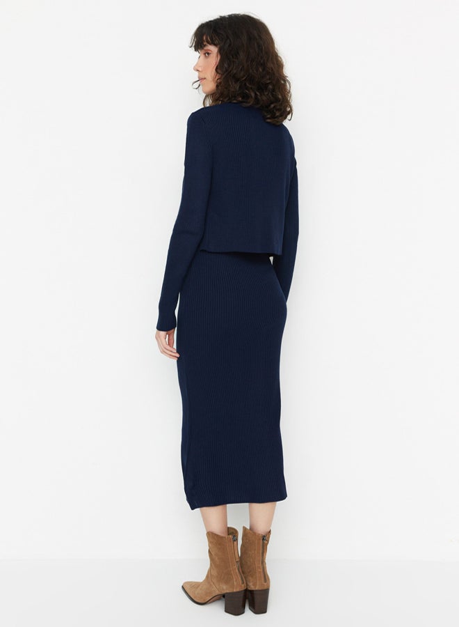 trendyol Navy Blue Fitted Midi Knitwear Cardigan Dress Suit - Image 4
