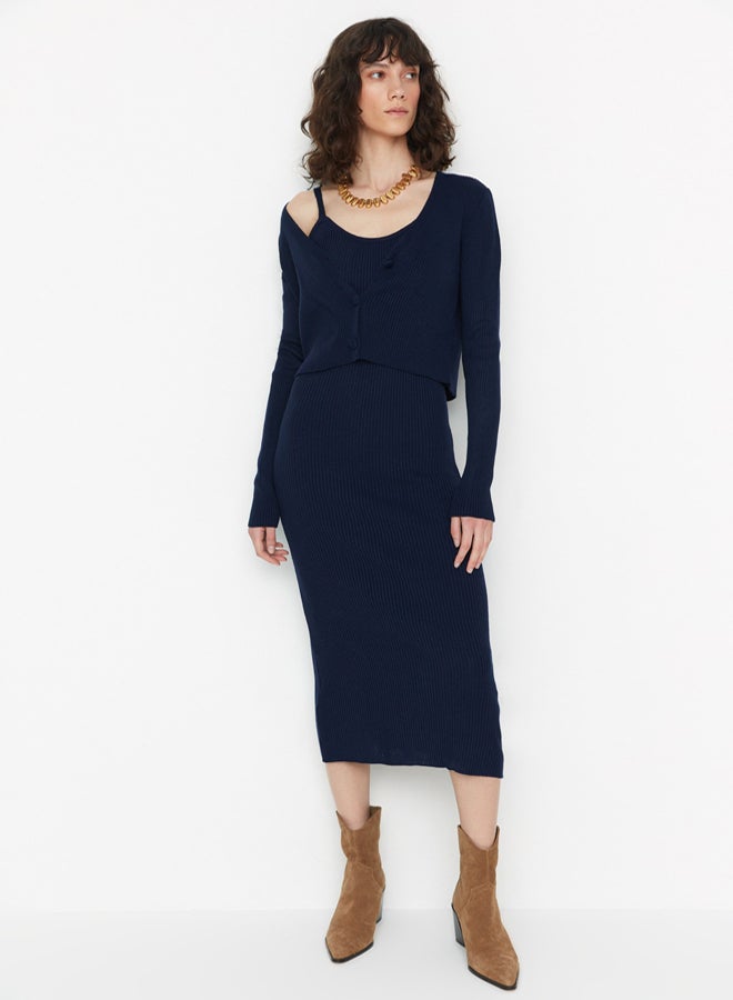 trendyol Navy Blue Fitted Midi Knitwear Cardigan Dress Suit - Image 1