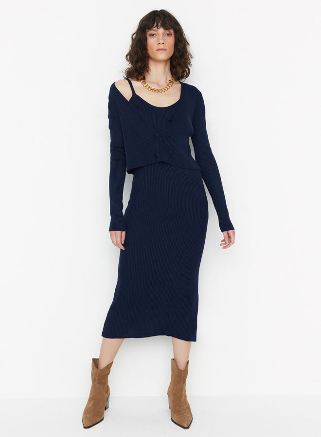trendyol Navy Blue Fitted Midi Knitwear Cardigan Dress Suit - Image 2